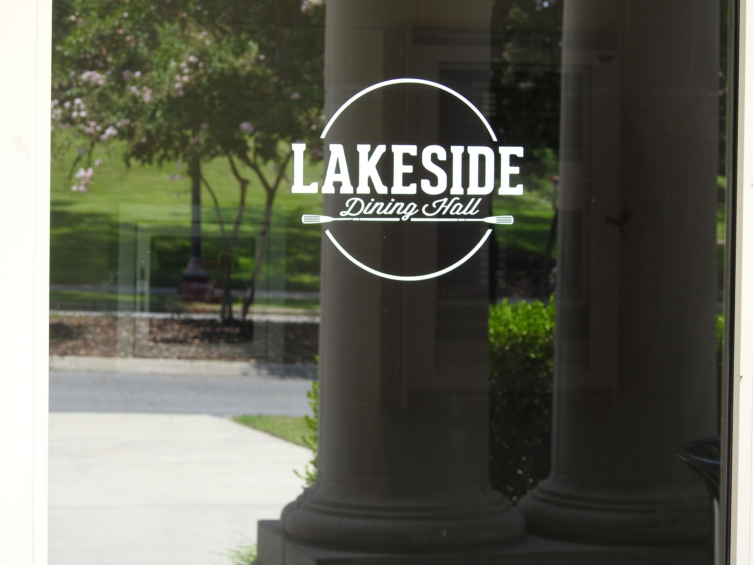Lakeside dining hall photo on glass