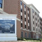 A Photo of Paty Residence Hall zoomed in on sign for Paty